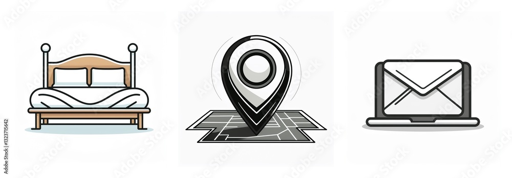 Icons of a bed, a map pin on a street map, and a laptop with an email ...