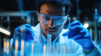 Leinwandbilder - Scientist conducting experiments in a modern laboratory with a test tube in hand and a sterile environment