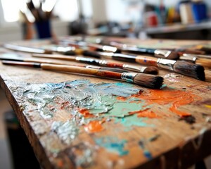 Poster - Mindful Creative Workflow Artisan Paint Brushes and Textural Palette - Inspiring Workspace Design for Contemporary Artists and Digital Content Creators
