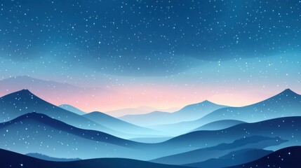 Wall Mural - Vector Mountain Landscape at Night with Starry Sky and Pastel Sunset Glow, Gradient Blue Hues