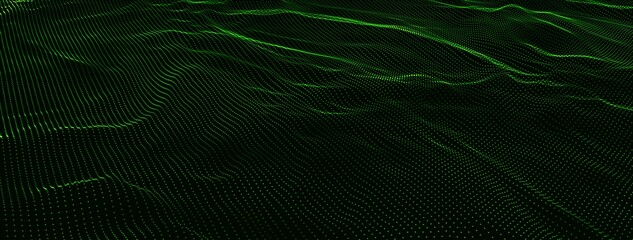Wall Mural - Dynamic wave of glowing dots. Futuristic dot wave of bright particles. Weave effect. Futuristic background for presentation design. 3d rendering.