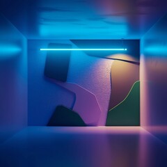 Wall Mural - The abstract wall studio room features a dark, empty scene with neon searchlight light, creating a 3D blue room background for product display.