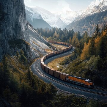 freight train winding through a rugged mountain pass, representing industry, logistics, and the powe