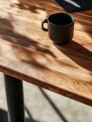 Poster - Minimalist Workspace Essentials Warm Wood Grain Standing Desk with Ceramic Mug - Ergonomic Home Office Design for Mindful Productivity and Modern Remote Work Aesthetics