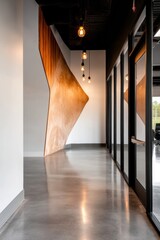 Aufkleber - Modern Workspace Illumination Sculptural Wall Design with Industrial Pendant Lighting - Innovative Corporate Interior Showcasing Minimalist Architectural Aesthetics