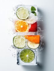 Aufkleber - Hydro-Fusion Citrus Splash Dynamic Frozen Fruit Infusion Visualizing Cutting-Edge Beverage Design and Sensory Refreshment Innovation