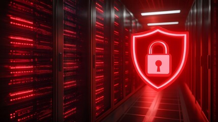 Wall Mural - digital security shield with lock symbol in red-lit data center environment representing cyber prote