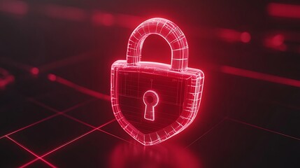 Wall Mural - futuristic digital lock symbol in neon red color with wireframe appearance and glowing effects