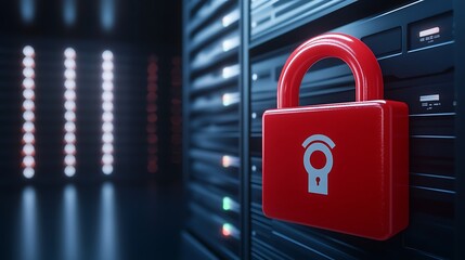 Wall Mural - red padlock symbol on server rack, representing cybersecurity, data protection, and secure server en