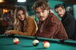 © btiger - Female Pool Player Aiming White Ball with Friends Watching Competitive Billiard Match Indoors Together at Vintage Bar During Social Gathering