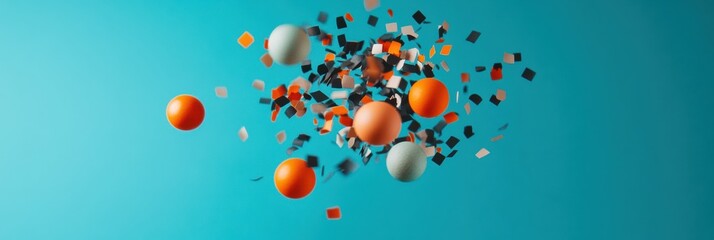 Poster - Vibrant Digital Celebration Dynamic Confetti Explosion with Kinetic Spheres - Modern Event Marketing Backdrop for Immersive Brand Experiences