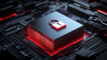 Wall Mural - secure digital lock symbol on microchip in futuristic technology background with red lighting effect