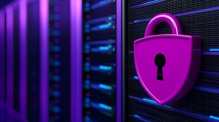 Wall Mural - vibrant digital lock symbol against background of data servers in secure technology environment