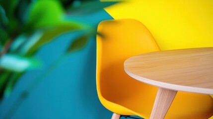 Poster - Vibrant Modern Workspace Design Ergonomic Yellow Chair and Natural Wood Table - Creative Minimalist Office Furniture Showcasing Color Psychology and Contemporary Workplace Aesthetics