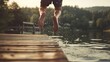 © VK Studio - Someone joyfully leaps off a wooden dock into a shimmering lake, surrounded by lush greenery under a bright sky, capturing a moment of exhilaration and freedom.