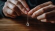 © VK Studio - Hands gently hold a delicate pendant with a crystal drop, capturing a moment of elegance and fragile beauty against a wooden backdrop.