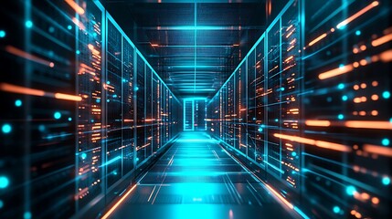 Wall Mural - futuristic data center hallway with servers and glowing lights: hosting, cloud computing, and high t