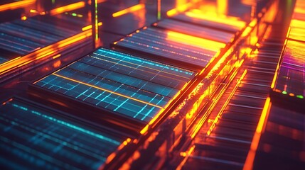 Wall Mural - futuristic grid: high-tech data center with glowing neon lights and abstract technology infrastructu