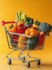 Poster - Shopping cart filled with fresh vegetables and fruits in vibrant colors against a minimalistic background