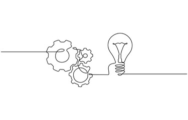 Wall Mural - Single continuous line symbol of machine wheel gears and light bulb vector illustration, Continuous Line Drawing of Moving Gear and Light Bulb Minimalist Concept Vector Illustration.