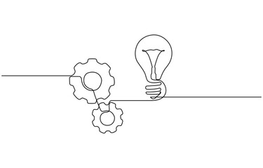 Wall Mural - Single continuous line symbol of machine wheel gears and light bulb vector illustration, Continuous Line Drawing of Moving Gear and Light Bulb Minimalist Concept Vector Illustration.