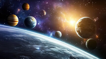 Wall Mural - Solar system planets floating in deep space with glowing sunlight and cosmic nebula