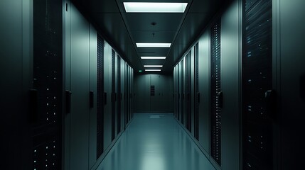 Wall Mural - server room data center: rows of rack servers in a dark, futuristic facility for cloud computing and