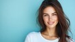 © Joesunt - Radiant Beauty: A captivating portrait of a beautiful woman with flowing dark hair and a warm, genuine smile, exudes confidence against a soft, inviting background.