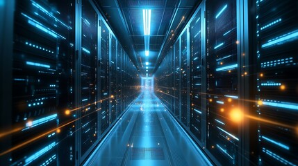 Wall Mural - futuristic data center server room: high-tech information technology infrastructure with glowing lig