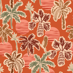 tropical sunset seamless pattern with silhouettes of palm trees. red summer vacation print with back