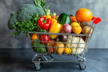 Poster - Vibrant shopping cart filled with fresh produce and groceries in a modern setting