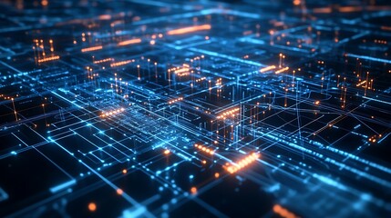 Wall Mural - abstract blue and orange technology background depicting circuits, artificial intelligence, data tra