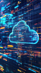 Cloud Computing and Data Security: A luminous cloud symbol, interwoven with a network of digital data streams and intricate circuitry.