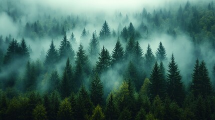 Wall Mural - dense evergreen forest shrouded in mist, creating a serene and mystical atmosphere, with layers of g