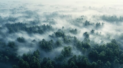 Wall Mural - a misty forest landscape shrouded in fog, creating a serene and tranquil atmosphere.