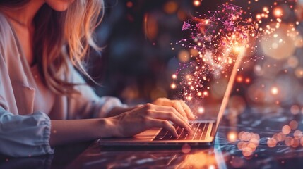 A woman is working on a laptop using digital marketing with a magical mood on a dark background