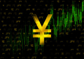 Poster - chart of the growth of the japanese stock market and the japanese yen. various golden icons, symbols