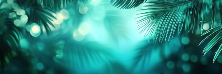 Aufkleber - Tropical background featuring blurred palm leaves in vibrant green and teal tones with a soft gradient for a fresh and adventurous vibe