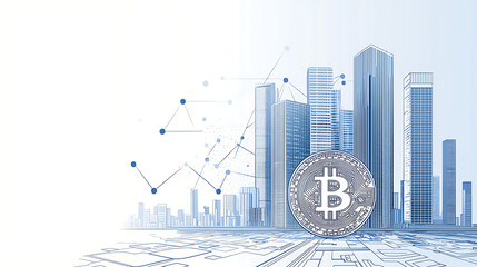 A city skyline with a large coin in the middle