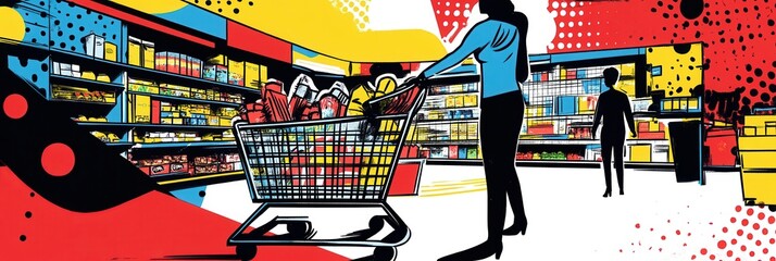 Leinwandbilder - Grocery shopping in a comic book style with dynamic illustrations and bold colors showcasing virtual cart selection and delivery