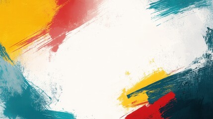 Leinwandbilder - Bold abstract background features striking teal, yellow, and red paint strokes with a dynamic layout for creative expression