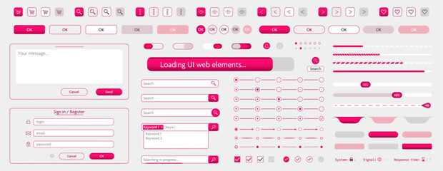 Wall Mural - Red, pink 3d ui user interface webpage phone app button template vector design. Creative web application elements icons illustration set. 