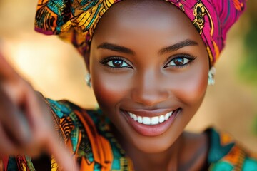Wall Mural - a vibrant african woman with expressive eyes points directly at viewer, her smile radiant against co