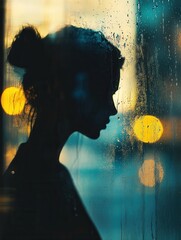 Leinwandbilder - Melancholic reflection of a solitary figure behind a rain-speckled window in soft blue and gray hues during a dreary evening