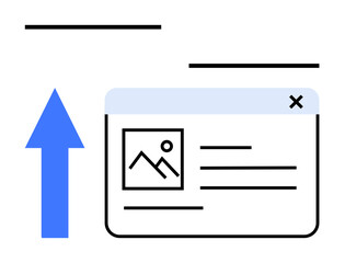 Blue arrow pointing upward next to open web page window displaying image and text layout. Ideal for data upload, web design, content creation, optimization, cloud storage, efficiency, flat simple