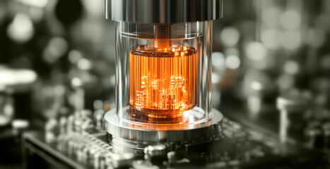 Poster - A close-up of a quantum computing device showcasing a qubit chamber filled with vibrant orange light. The intricate details highlight advanced algorithms and data processing in real-time.