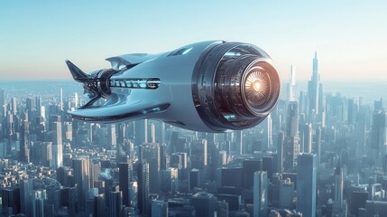 Poster - Futuristic spaceship hovers over a sleek cityscape with a glowing engine illuminated in the urban environment