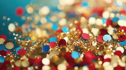 Poster - Celebrate with vibrant confetti in gold, red, and blue for festive events, parties, and decorations in a lively atmosphere