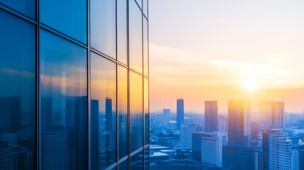 Wall Mural - Sunset over a city skyline with reflective glass buildings and a vibrant sky