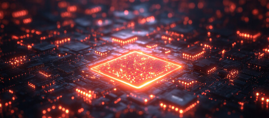 Fototapete - A dynamic view of a quantum processor surrounded by intricate circuitry, illustrating the principles of superposition and entanglement.